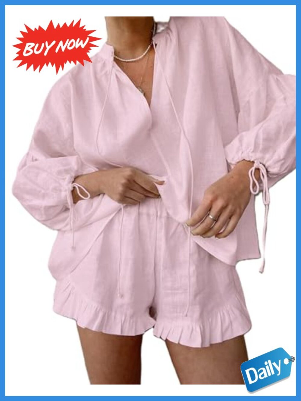 Linen Shorts Set Women 2 Piece Long Sleeve Tie Front Top and Boxer Shorts Lounge